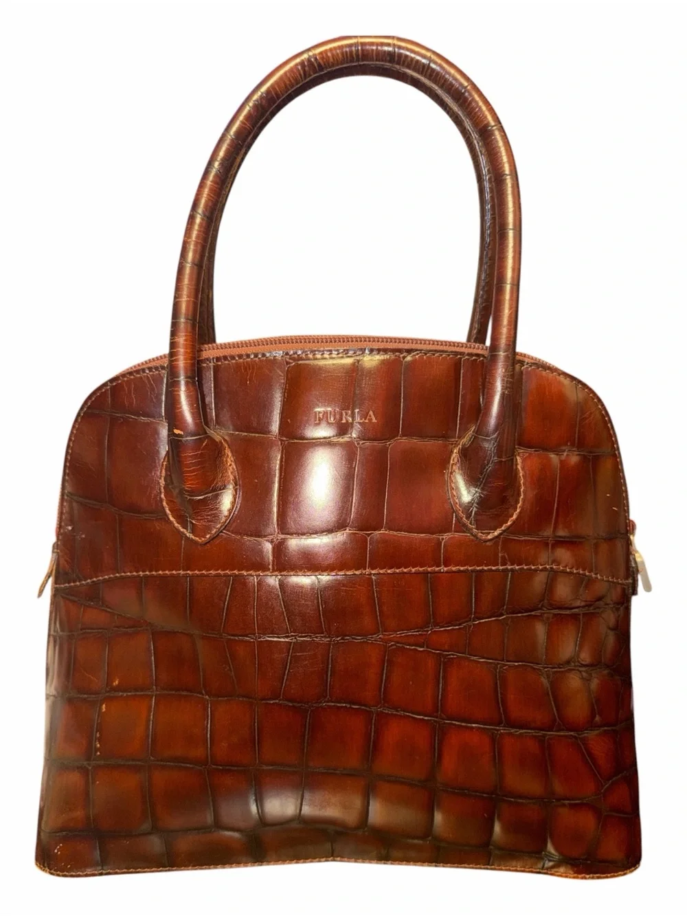 Vintage Furla Italian Croc Embossed Leather Dome Satchel Bag Brown